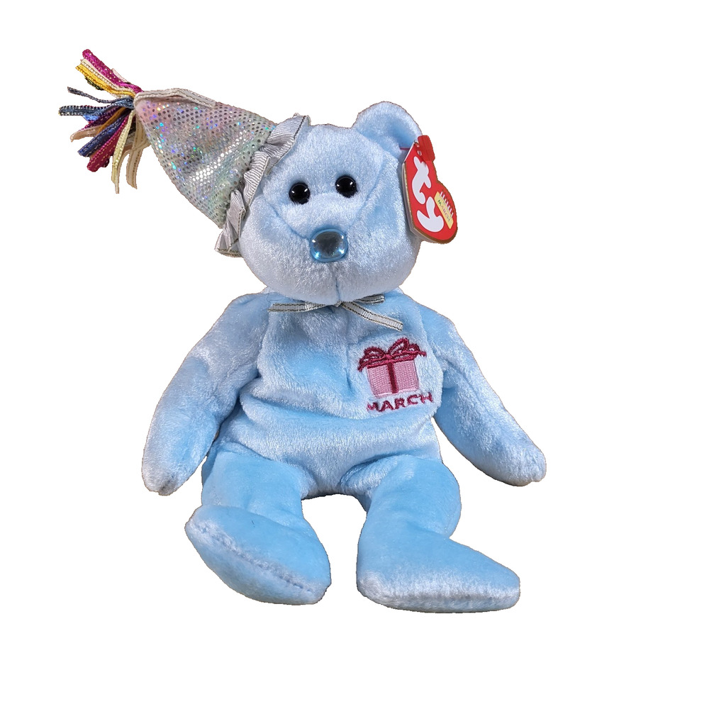 TY Beanie Babies March Birthday Bear 2002 Blue Bear w/ Party Hat